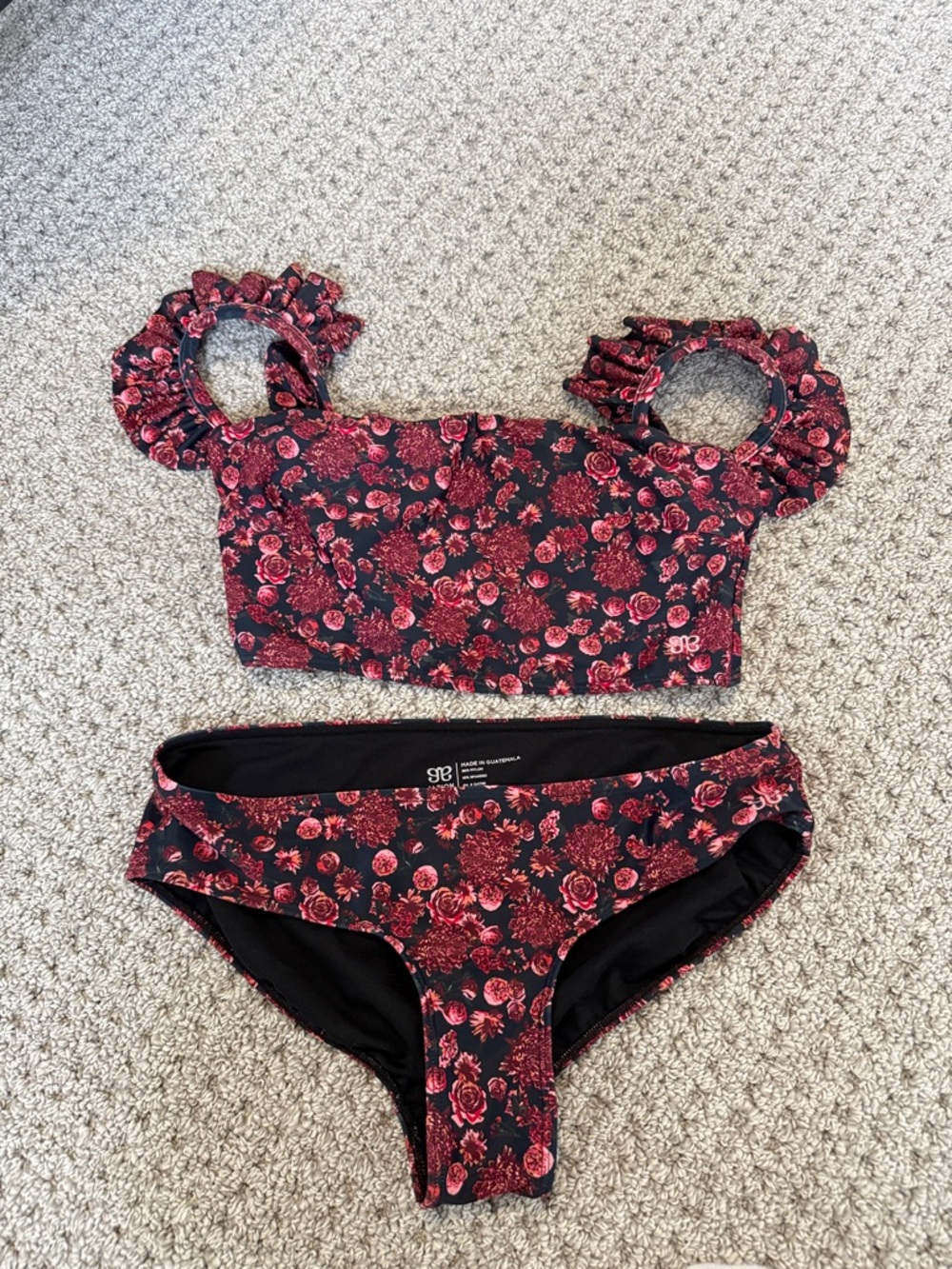 Albion Black Bikini Set with Red Floral Print and Ruffle Sleeves